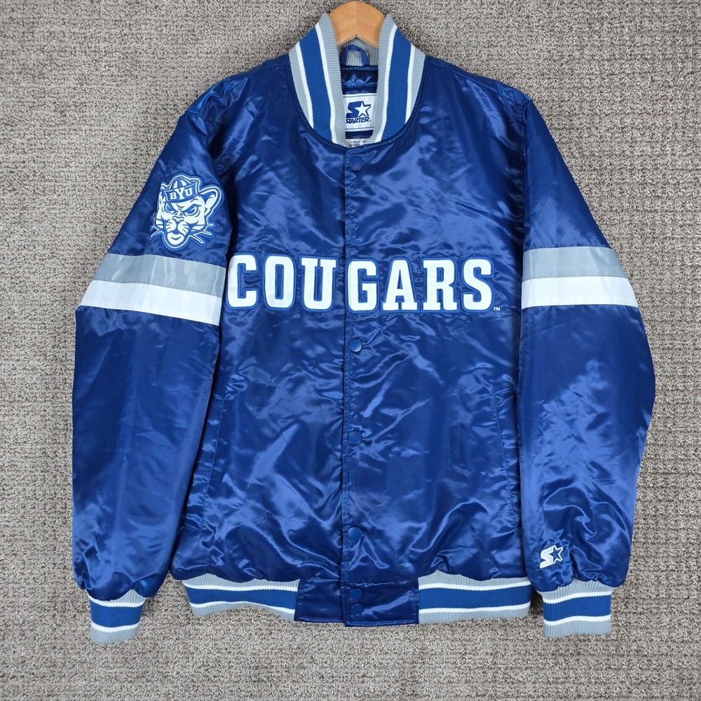 Starter BYU Cougars Satin Varsity Jacket Blue Mens Large Snap Front